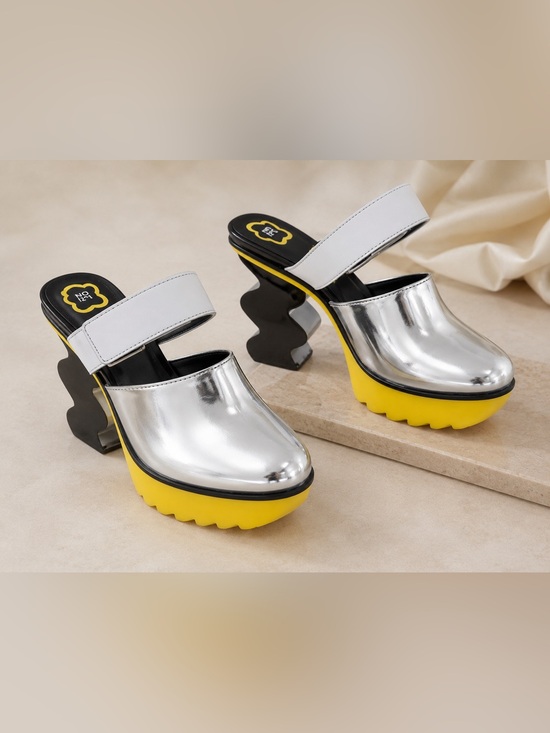 Iri Shoes - Metallic Silver & Yellow Sculpted-Heel Mules